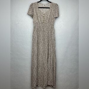 Boho Floral Print Maxi Dress Sz M Smoke Waist V-Neck